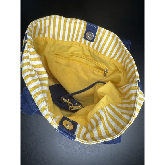 Yellow Navy Blue Stripe Small Canvas Tote Bag With Coin Purse Y2K 2000s - Picture 4 of 6